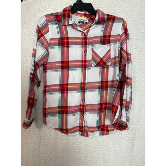 Magellan Outdoors classic Fit M womens button down red yellow white plaid - Picture 1 of 6